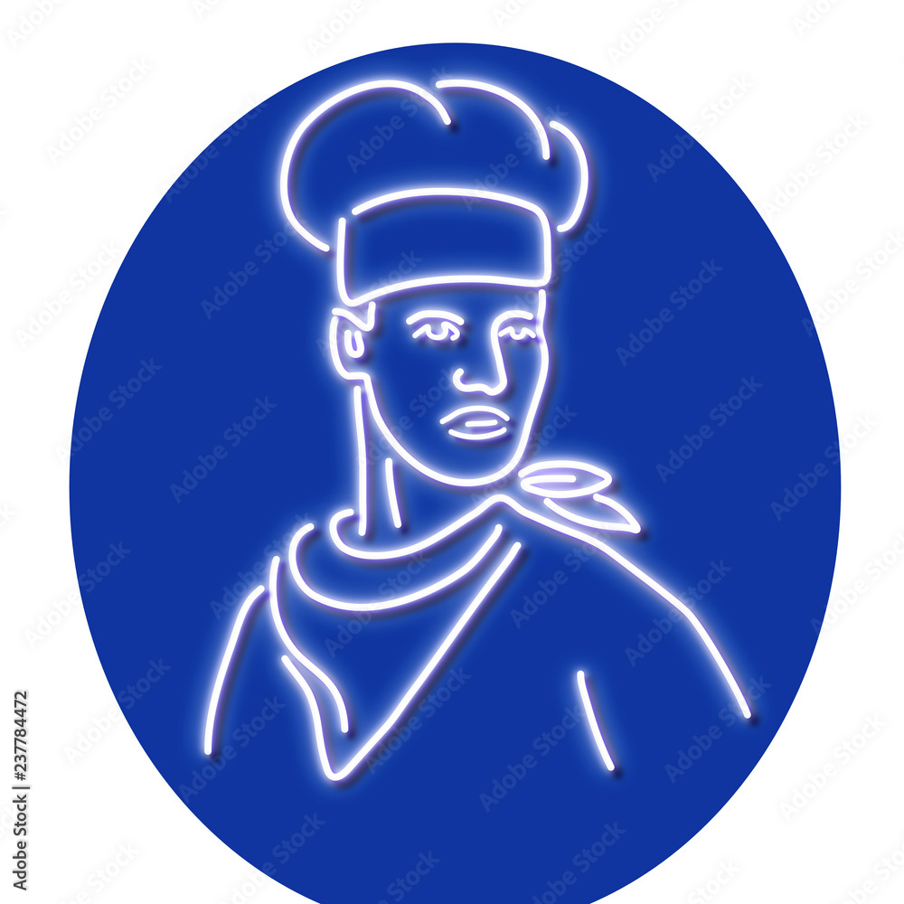 Retro style illustration showing a 1990s glowing neon sign light signage lighting of a chef, baker or cook wearing hat and scarf looking to side on isolated background. Retro style illustration showing a 1990s glowing neon sign light signage lighting of a chef, baker or cook wearing hat and scarf looking to side on isolated background.