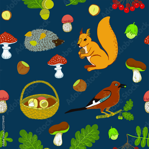 Cute seamless pattern with birds, squirrel, eagle, mushrooms, nuts, berries