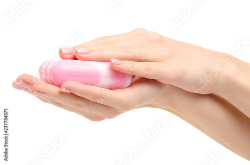 Pink white soap in hand on white background isolation