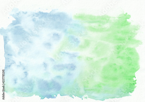 Emerald (jade) and azure mixed watercolor horizontal gradient background. It's useful for greeting cards, valentines, letters. Abstract art style handicraft pattern.