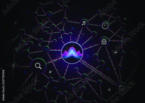 Voice recognition. Personal assistant. Smart music sound waves or voice recognition technology. Concept with microphone ai icon. Futuristic vector background.