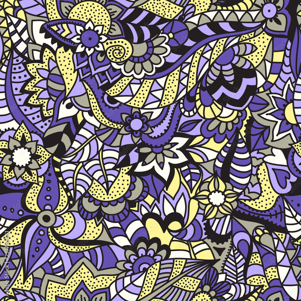 Seamless floral pattern. Blue, yellow and black colors. Drawing by hand. Doodle.