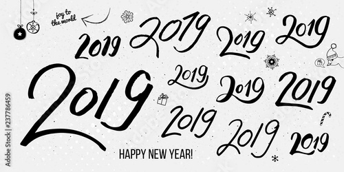 Set of black typographic hand drawn vintage 2019 numbers.