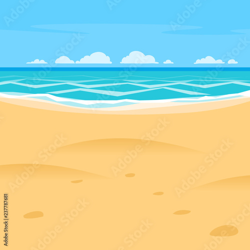 Sand beach simple cartoon style background. Sea shore view