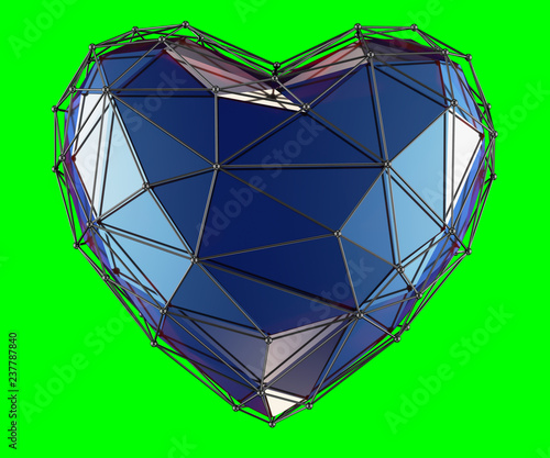 heart made in low poly style blue color isolated on green background. 3d
