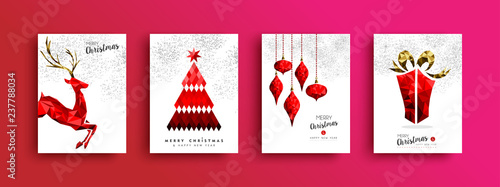 Christmas and New Year red low poly card set