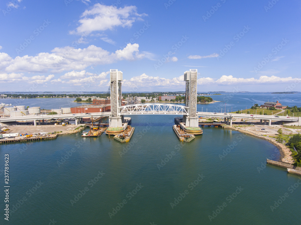 Aerial view of Weymouth Fore River and Fore River Bridge in Quincy, Massachusetts, USA. This new bridge was finished in 2018. Aerial view of Weymouth Fore River and Fore River Bridge in Quincy, Massachusetts, USA. This new bridge was finished in 2018.