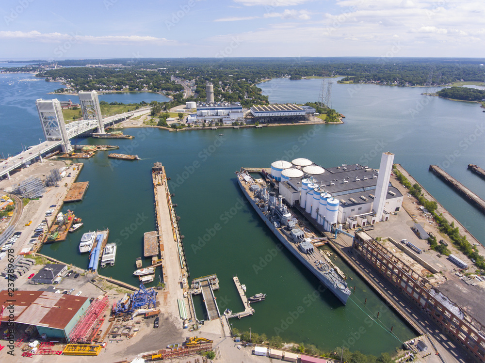 Obraz premium Aerial view of USS Salem CA-139 heavy cruiser in Quincy, Massachusetts, USA. USS Salem was served in US Navy between 1949 and 1959.
