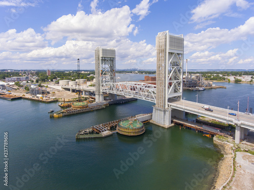 Aerial view of Weymouth Fore River and Fore River Bridge in Quincy, Massachusetts, USA. This new bridge was finished in 2018.