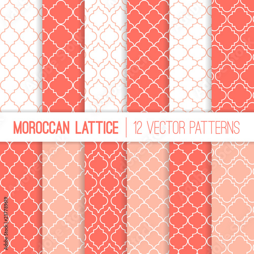 Coral Pink Moroccan Lattice Vector Patterns. Living Coral - 2019 Color of the Year. Modern Elegant Backgrounds. Classic Quatrefoil Trellis Ornament. Repeating Pattern Tile Swatches Included.