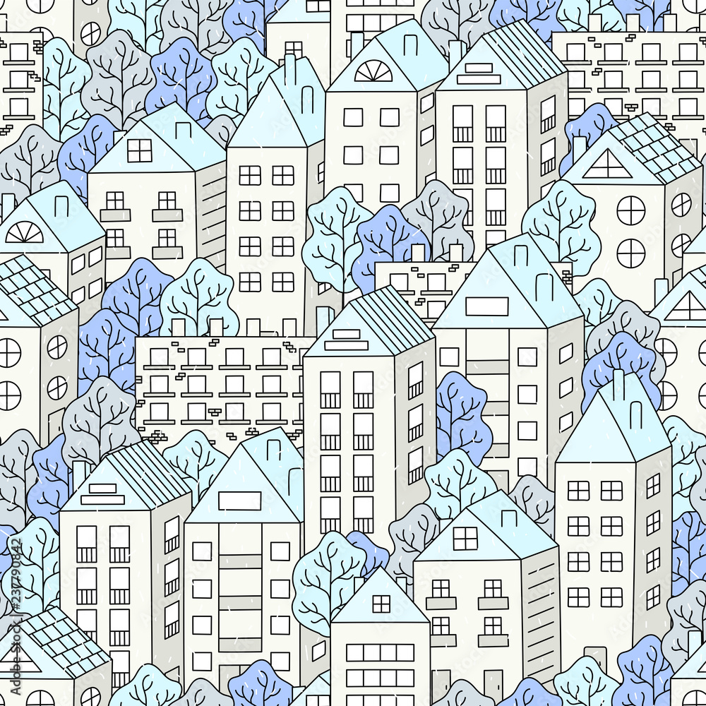 Winter city landscape. Houses, trees, snow falls. Hand drawn seamless pattern. Vector illustration.   