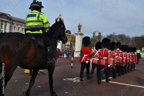 LONDON, ENGLAND - April 07, 2018 - the changing of the guard at Buckingham Palace, London, United Kingdom.