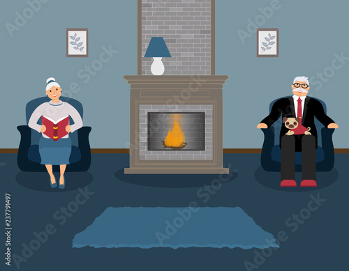 A couple of elderly people are sitting by the fireplace in a beautiful cozy blue living room. Woman reading a red book, a man in a suit with cute little pug on his knees. Vector illustration