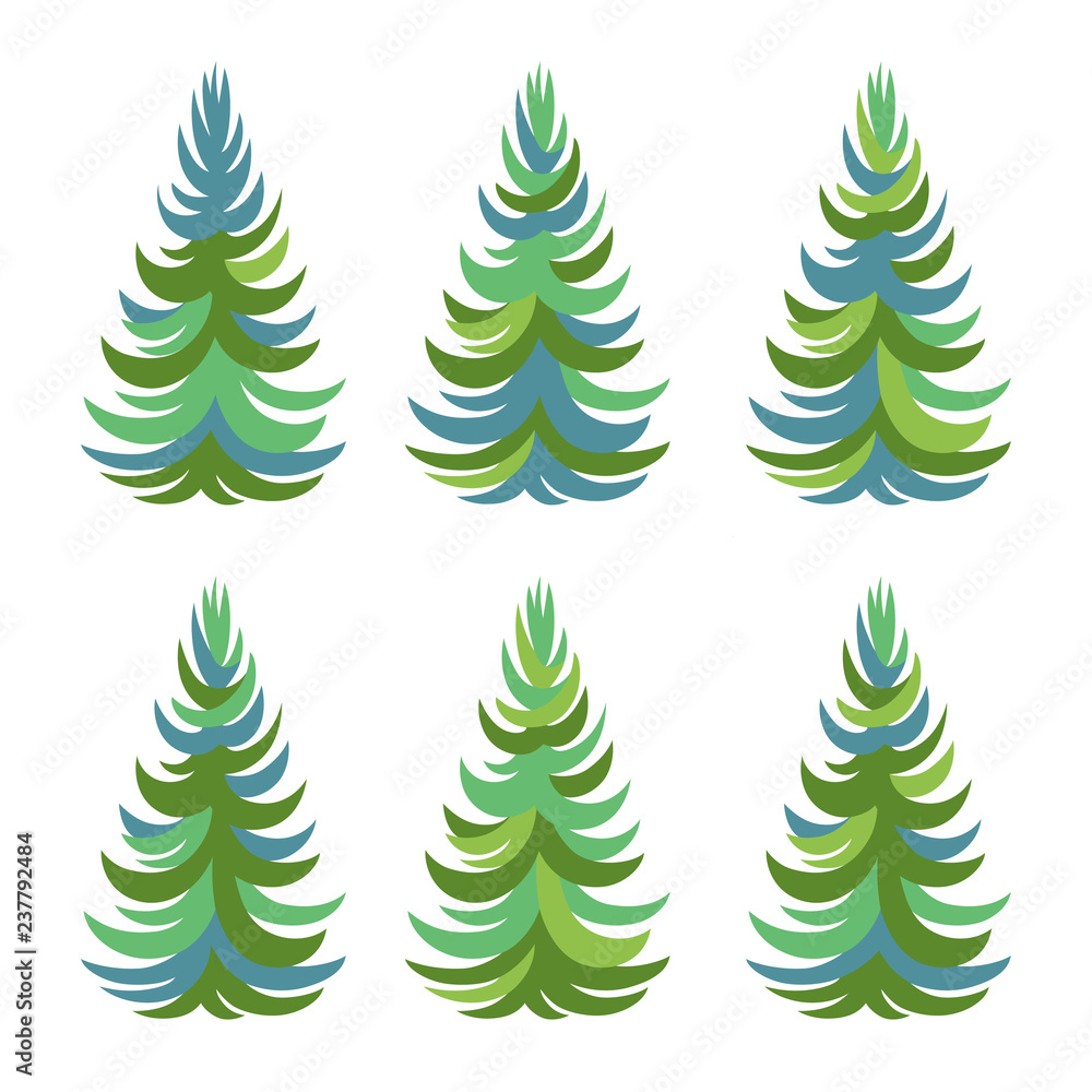 Obraz premium Set of Christmas green trees isolated on white. Elements for winter holidays design.