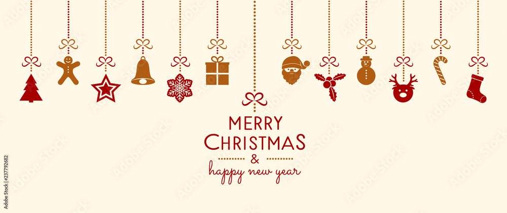 Fototapeta premium Christmas and New Year banner with hanging decorations. Vector.