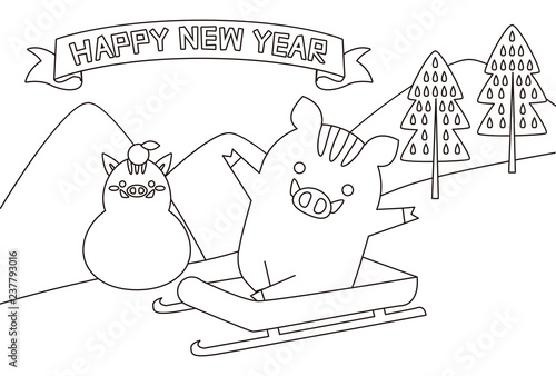 ぬり絵年賀状2019　そり滑りする猪　HAPPY NEW YEAR