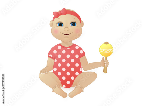 Pretty newborn baby girl dressed in romper suit sitting and holding rattle. Lovely little child or infant with toy isolated on white background. Colored vector illustration in modern linear style.