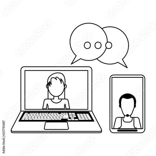 Friends chatting on laptop and smartphone black and white