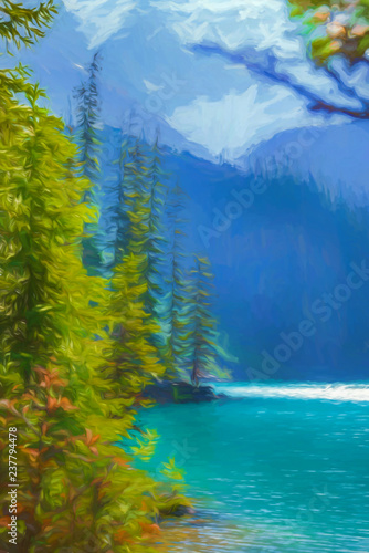Illustration of a mountain lake with towering pines and hazy mountains in the background