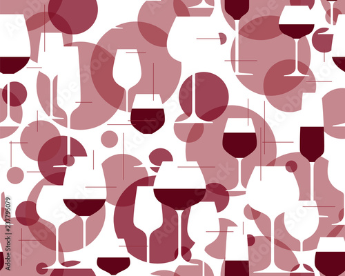 Wine seamless pattern. Tasting design element, menu, wine list, restaurant, winery, party. Texture with wineglasses and red grape wine. Vector illustration.