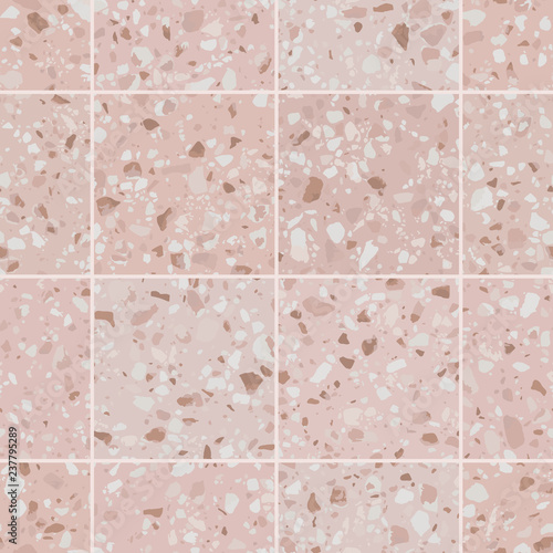 Terrazzo flooring texture. Realistic seamless pattern with pink marble tiles﻿