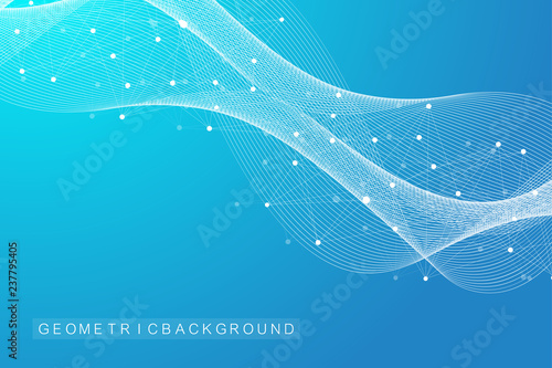 Scientific vector illustration genetic engineering and gene manipulation concept. DNA helix, DNA strand, molecule or atom, neurons. Abstract structure for Science or medical background. Wave flow