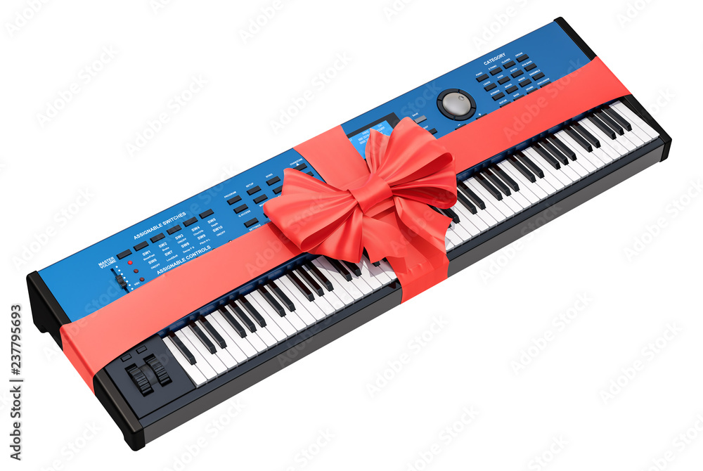 Fototapeta premium Synthesizer with bow and ribbon, gift concept. 3D rendering