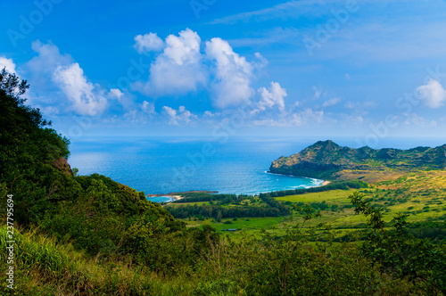 Aerial view overlooking the tropical island of Kauai and the Pacific Ocean, Hawaii.