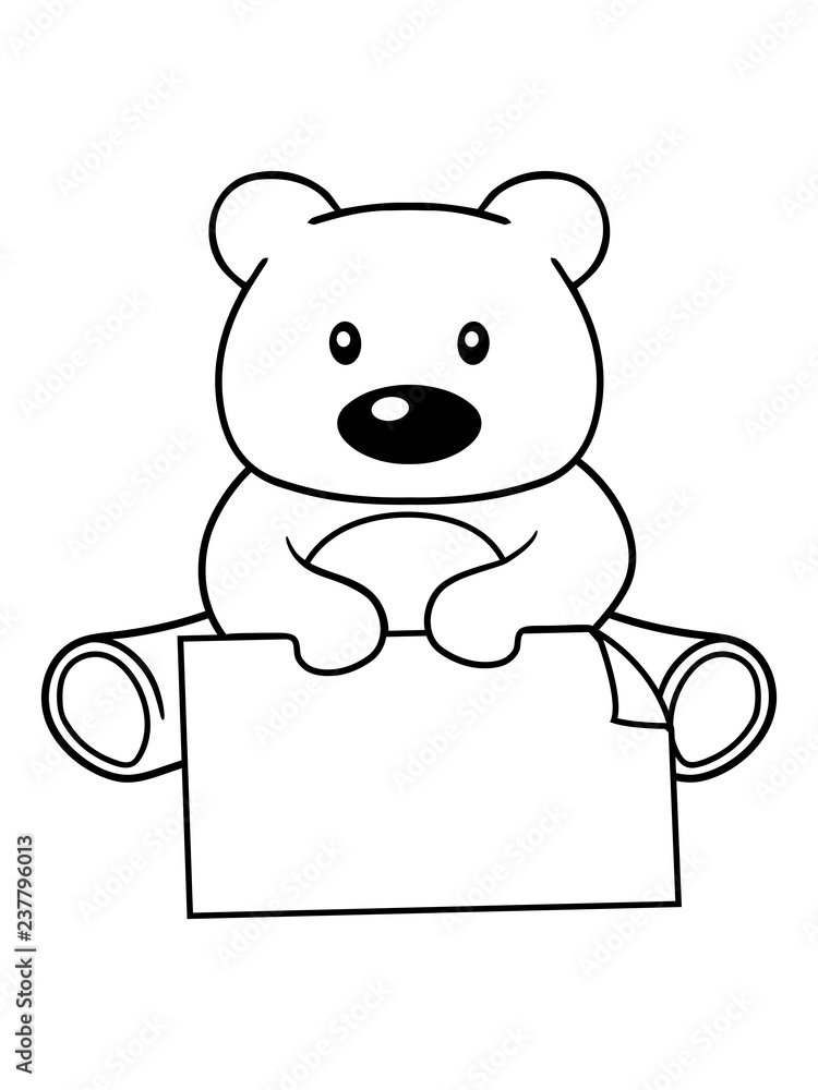 Fototapeta premium teddy bär klein süß niedlich kuscheltier grizzly schild name fläche schreiben text sitzend bärchen zeigen comic cartoon clipart design