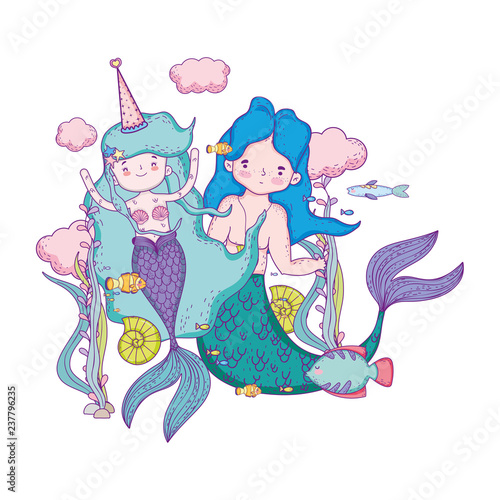 couple mermaids undersea scene