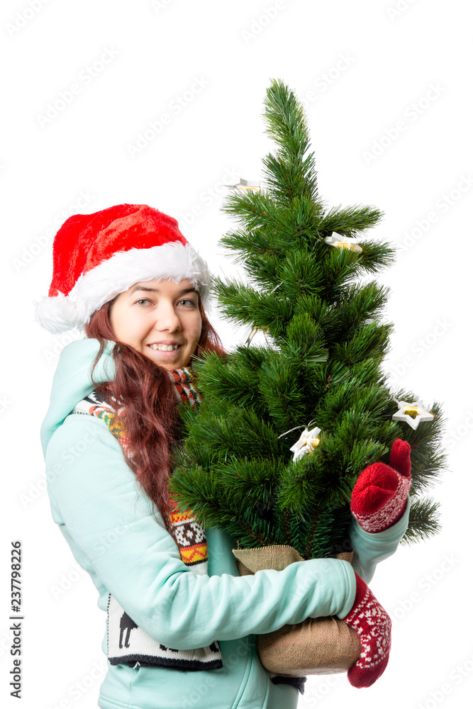 Photo of woman in Santa's cap with Christmas tree in hand