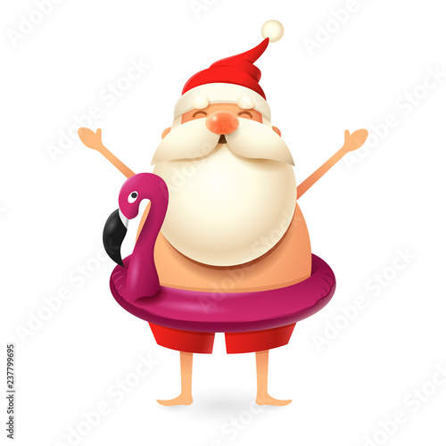 Santa Claus wearing flamingo swim ring - summer Christmas vector illustration isolated on white background