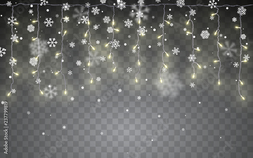 Christmas snow. Falling white snowflakes on dark background. Xmas Color garland, festive decorations. Glowing christmas lights. Vector snowfall, snowflakes flying in winter air