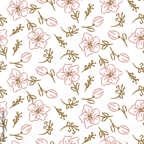Flowers seamless pattern. Hand drawn style tender pink and white texture.