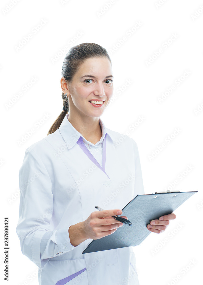 Young woman medic doctor practitioner with a folder in white uniform looking with a smile. Young woman medic doctor practitioner with a folder in white uniform looking with a smile.