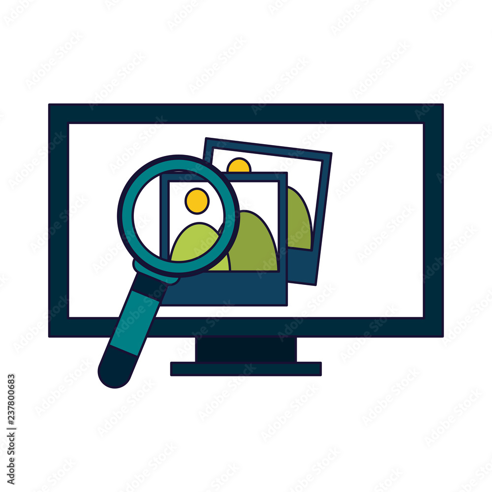 computer with photos and magnifying glass computer with photos and magnifying glass