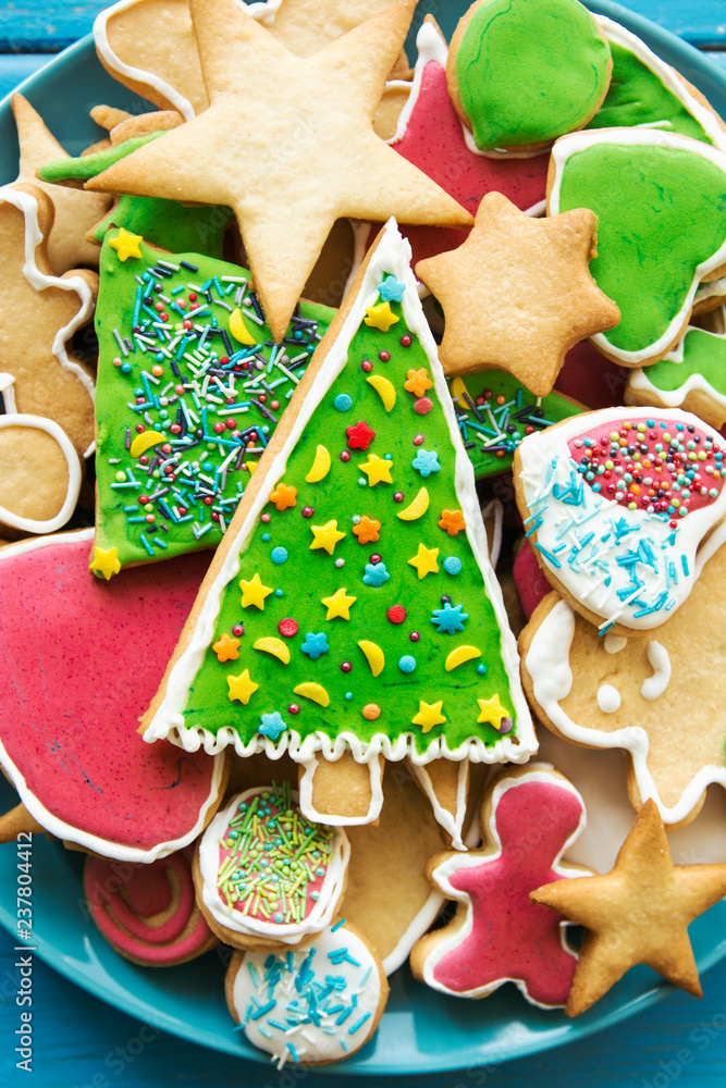 Plate with tasty holiday Gingerbread Cookies - Happy New Year card 