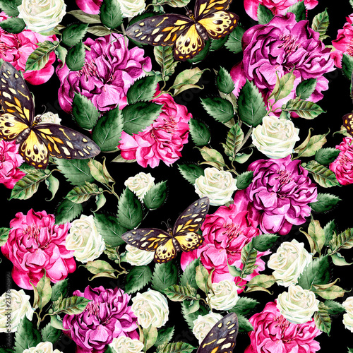 Watercolor pattern with green leaves, peony and roses flowers.