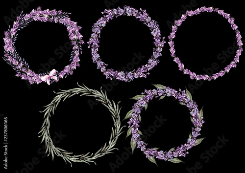 Set of 5 watercolor wreath lavender flowers on white background.