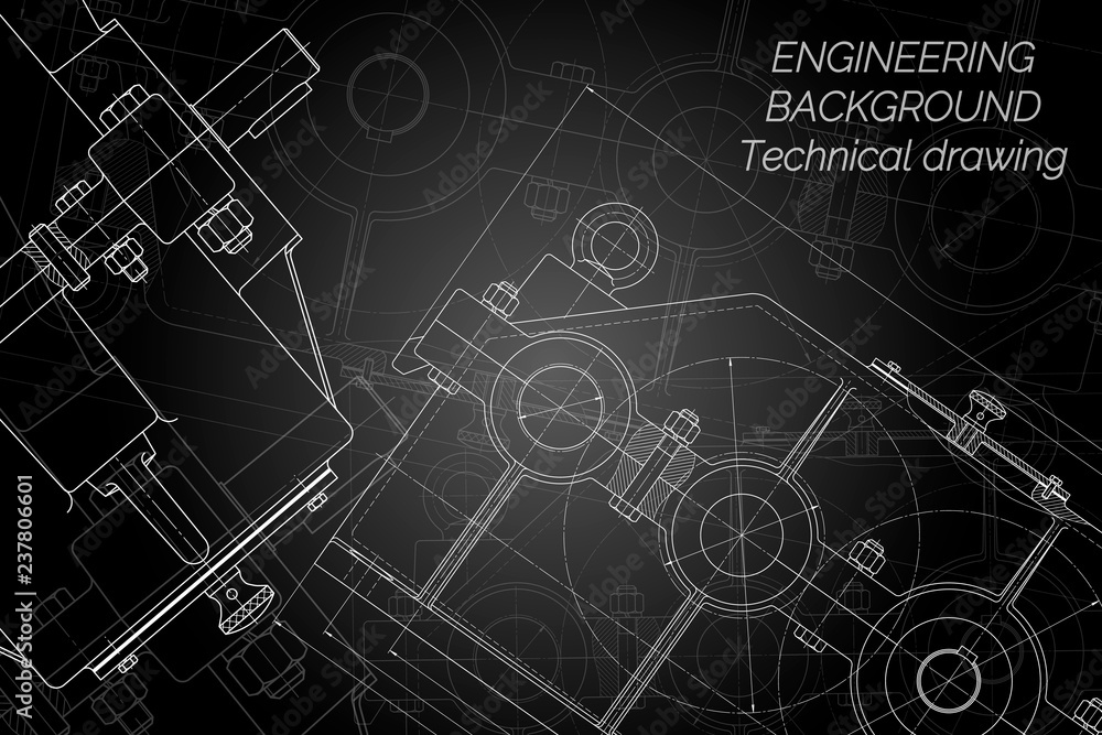 Mechanical engineering drawings on black background. Reducer. Technical Design. Cover. Blueprint. Vector illustration.
