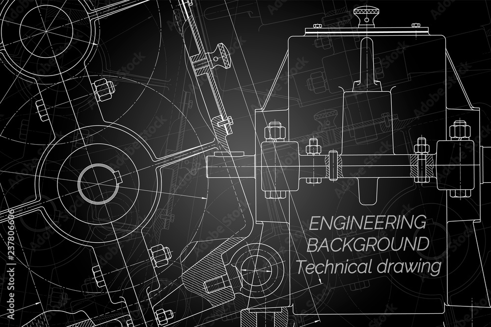 Mechanical engineering drawings on black background. Reducer. Technical Design. Cover. Blueprint. Vector illustration.