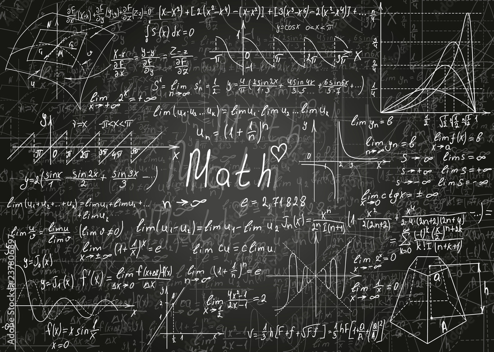 Mathematical formulas drawn by hand on a black unclean chalkboard for the background. Vector illustration. Mathematical formulas drawn by hand on a black unclean chalkboard for the background. Vector illustration.