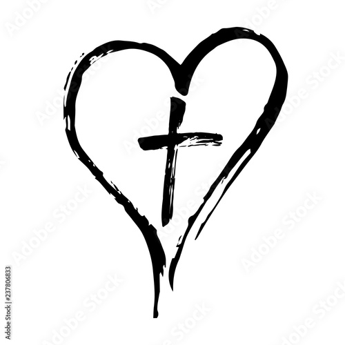 Christian cross and heart drawn by brush, isolated symbols on a white background.