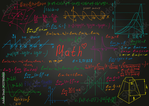 Mathematical colorful formulas drawn by hand on a black unclean chalkboard for the background. Vector illustration.