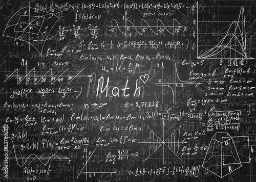 Mathematical formulas drawn by hand on a black unclean chalkboard for the background. Vector illustration.