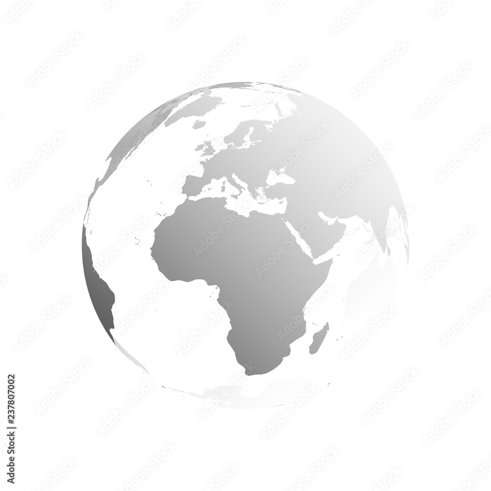 3D planet Earth globe. Transparent sphere with grey land silhouettes. Focused on Africa and Europe.