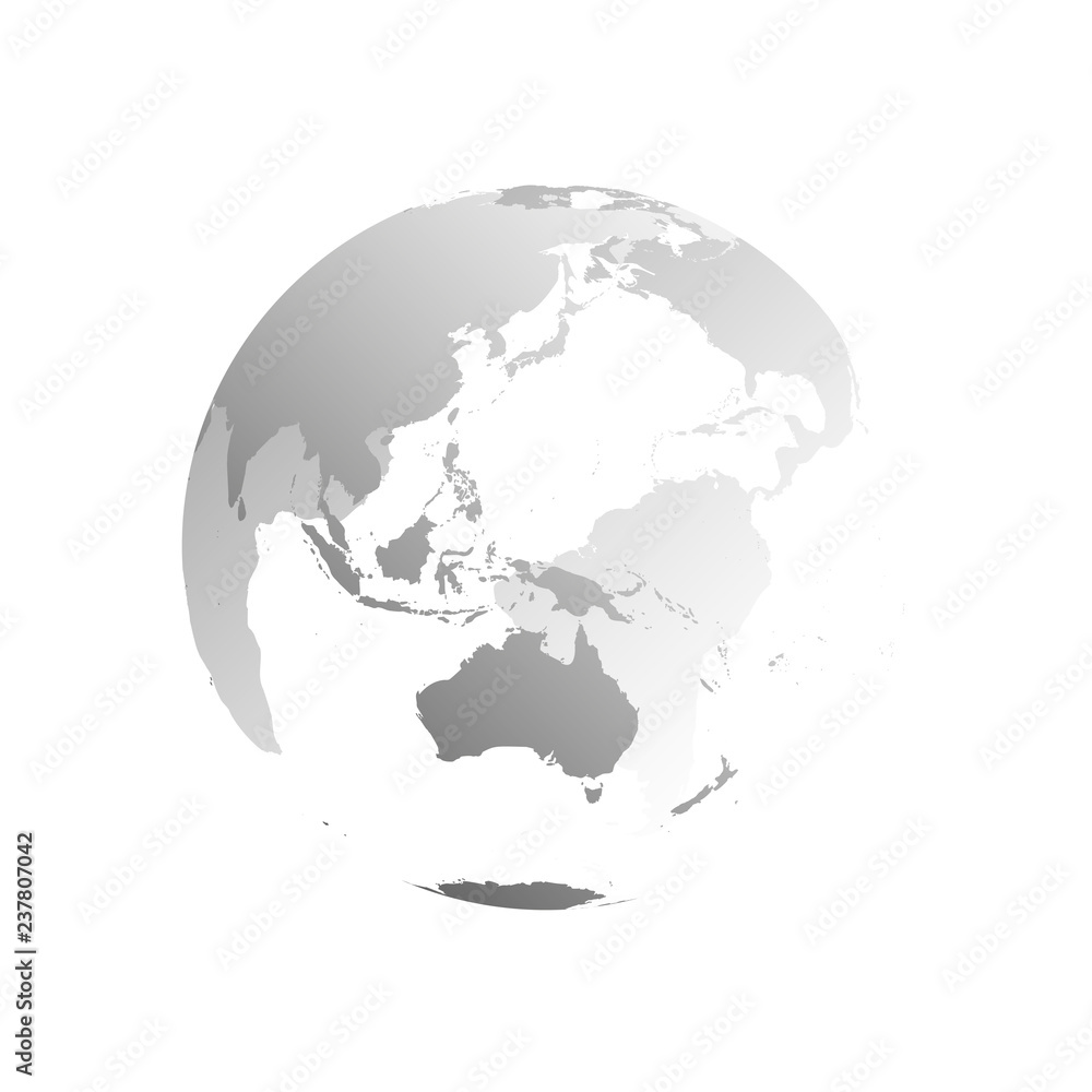3D planet Earth globe. Transparent sphere with grey land silhouettes. Focused on Australia and Oceania.