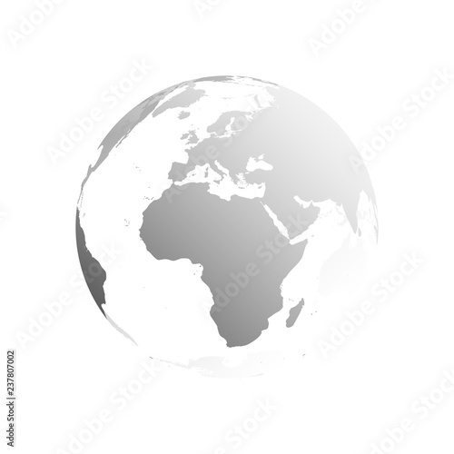 3D planet Earth globe. Transparent sphere with grey land silhouettes. Focused on Africa and Europe.