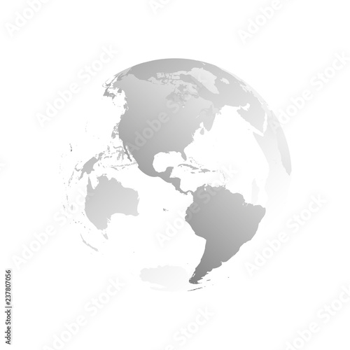 3D planet Earth globe. Transparent sphere with grey land silhouettes. Focused on Americas.