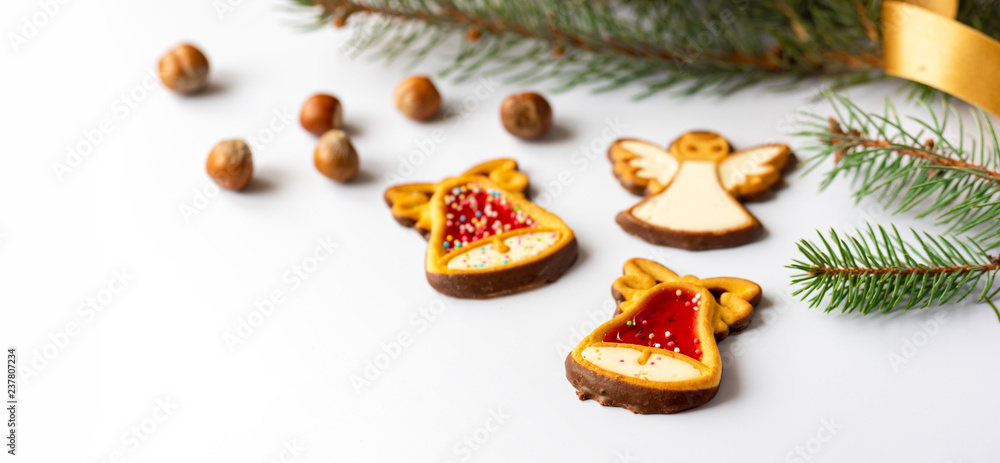 Christmas Gingerbread with decoration on white background Christmas Gingerbread with decoration on white background